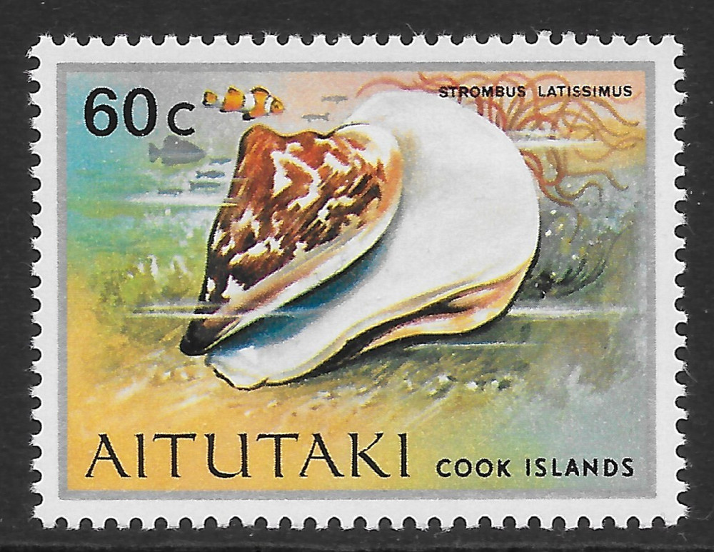 AITUTAKI SCOTT 92 MNH VF – 1974 60c SILVER & MULTI-COLOR PACIFIC SHELL ISSUE