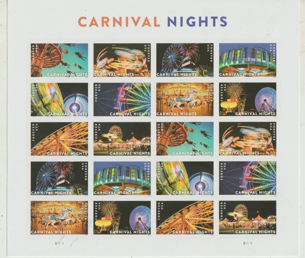 CARNIVAL NIGHTS Sheet of 20 New USPS one ounce rate stamps sent from OKC, OK
