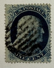 US #20 1857 1c blue Franklin Type II, plate 4 Used *Cert.; $1,250 SCV