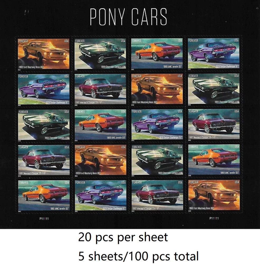 2022 USPS Pony Cars First Class Stamps – SC#5715-5719 MNH – 100 PCS IN TOTAL