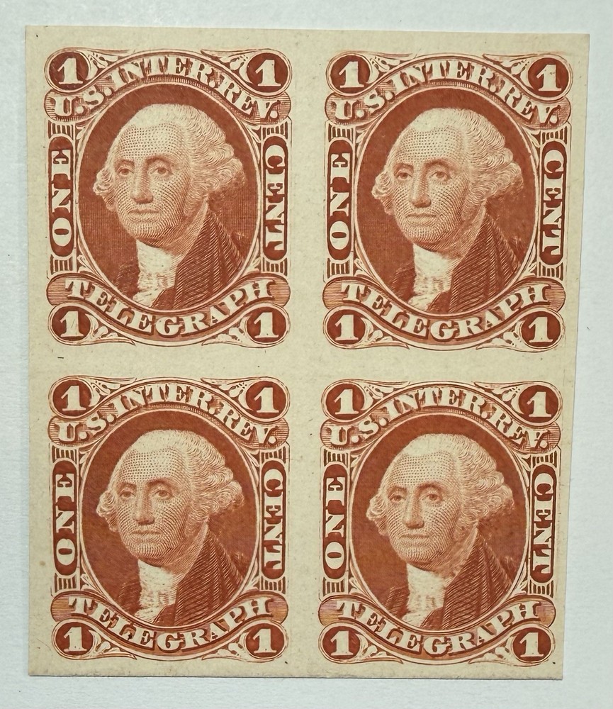 US 1862-71 #R4p4 1c red Wash. “Telegraph” Proof on Card Bk/4, unused; $200 SCV