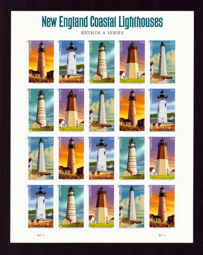 USPS Unused Stamps Sheet of 20 2013 ~ New England Coastal Lighthouses #4791-4795