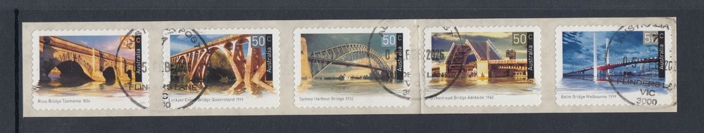 Australia 2004 Bridges Peel and Stick Strip of 5 x 50c Stamps CTO, Folded