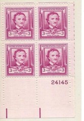 1948 #986 Edgar Allan Poe 3 Cent Stamp U.S. Postage – Plate Block of 4