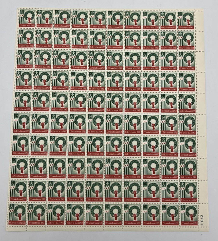 1962 US Postage Stamps Scott #1205 4 Cent Full Sheet of 100 Christmas Wreath