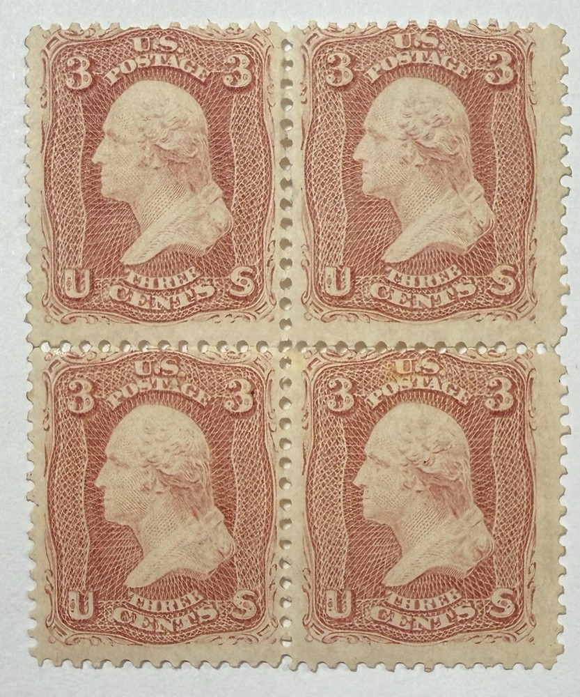 US #65 1861 3c bright rose Washington perf 12 MLH Block of 4, O.G.; $700 SCV