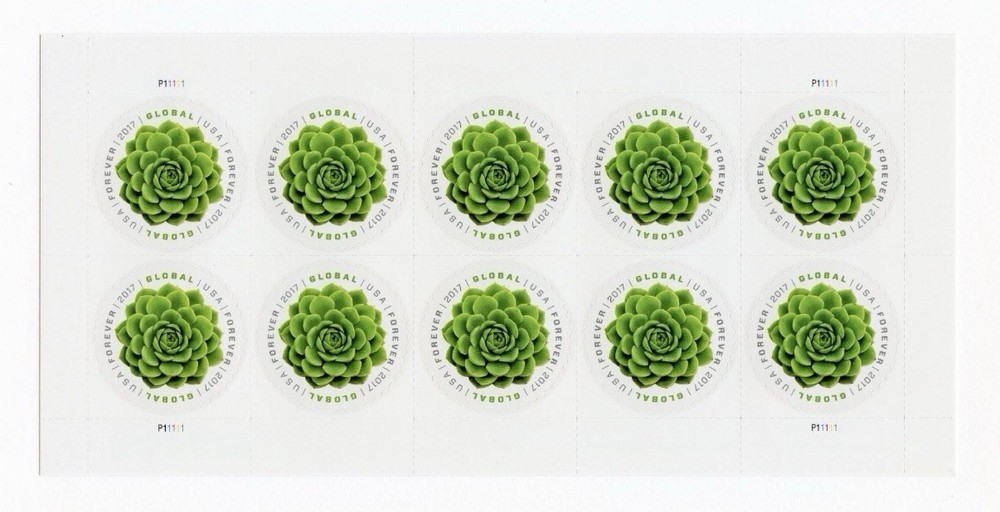 USPS SHEET OF 10 STAMPS GREEN SUCCULENT AUTHENTIC GLOBAL FOREVER FIRSTCLASS MAIL