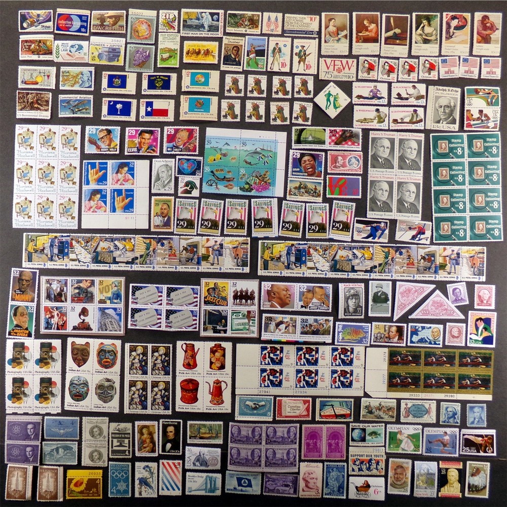 Unused USA Stamp Lot: Vintage US Valid Postage Mix, Original Gum, Blocks Singles
