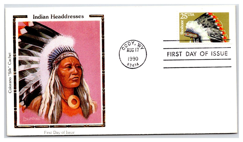 # 2505 Indian Headdress Colorano Silk Cachet 1990 USA First Day Cover CS73