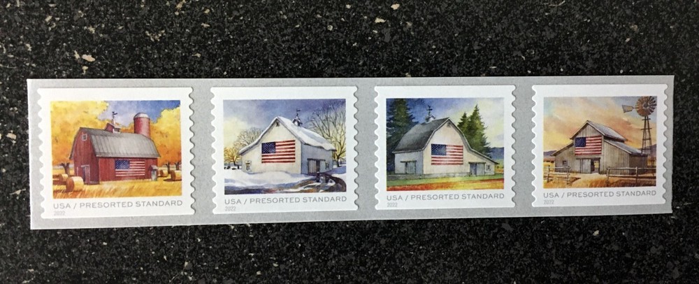2022USA #5684-5687a 10c Flags on Barns – Presorted Standard – Coil Strip of 4