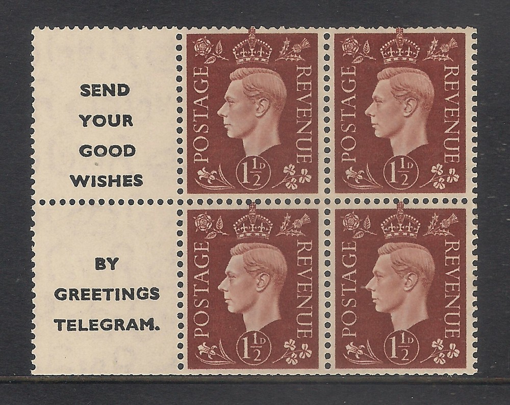 GB 1937 sg464b Booklet Pane Wmk Upright Send Your Good Wishes Labels MNH