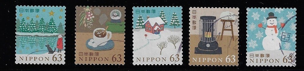 Japan 2022 Winter Greetings 63Y Complete Used Set Sc# 4630 a-e