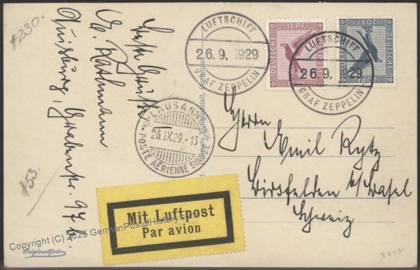 Germany 1929 Graf Zeppelin Mi35If Lausanne Switzerland Only 161 Flown Cov 106134