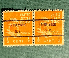 Scott #803 Ben Franklin (1938) Pair of Precancelled NEW YORK , N Y Stamps F/VF
