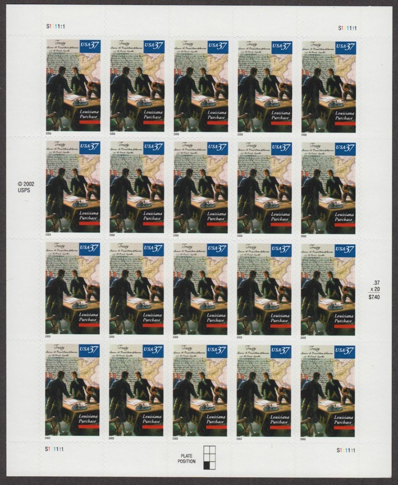 2003 Louisiana Purchase Bicentennial Sc 3782 full MNH 37c sheet of 20
