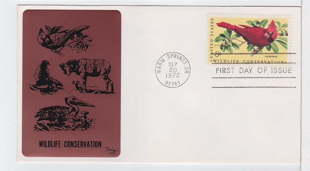 TurtlesTradingPost- Wildlife Cardinal- 1972 FDC #1465 – Sarzin Metal Cachet