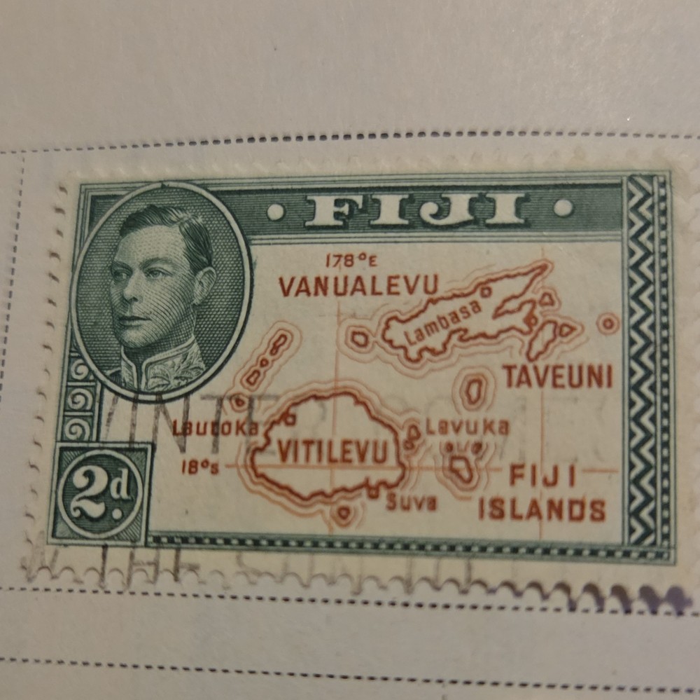 Fiji George VI 2d Pre-Decimal Postage Stamp Map/Royalty Used Handstamped