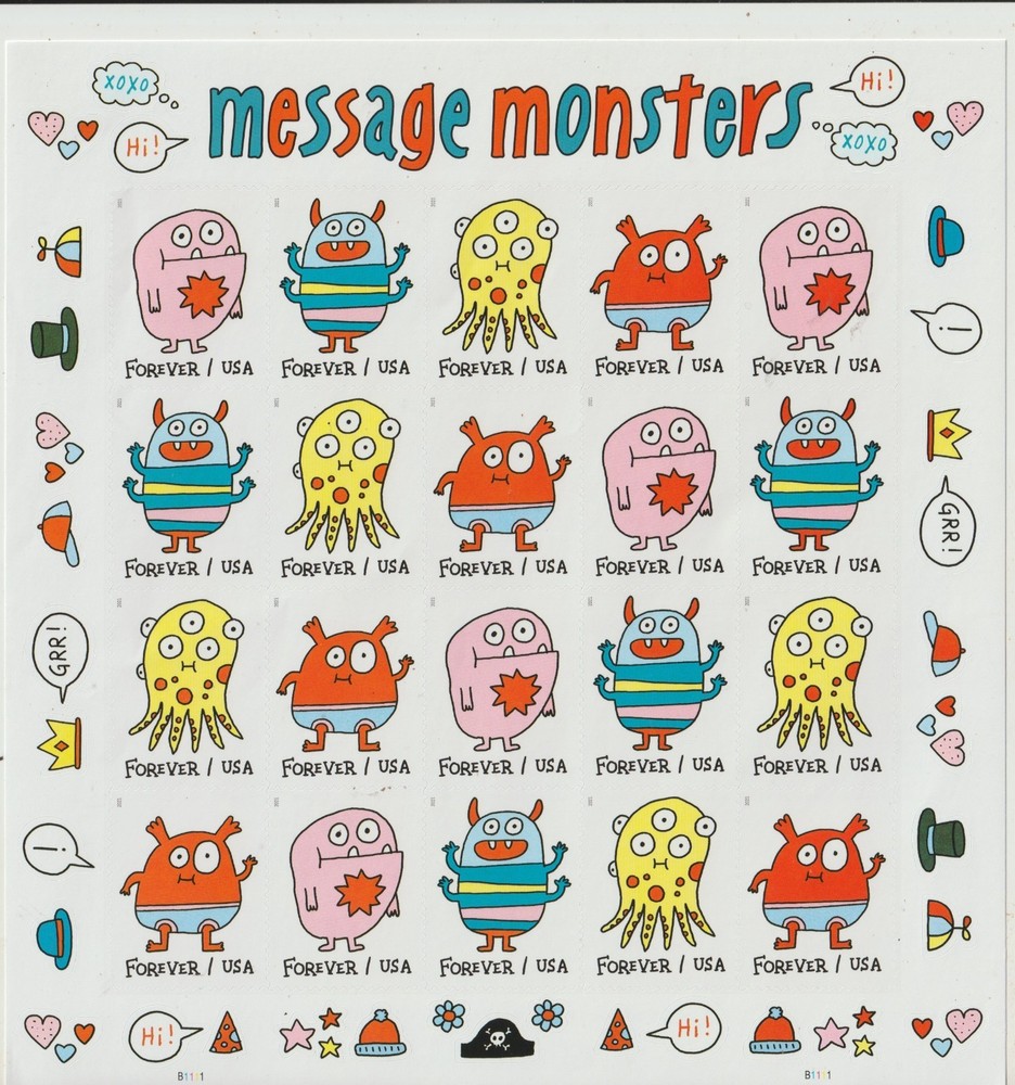 USPS Message Monster Stamps Sheet of 20 one ounce postage Sent from OKC, OK