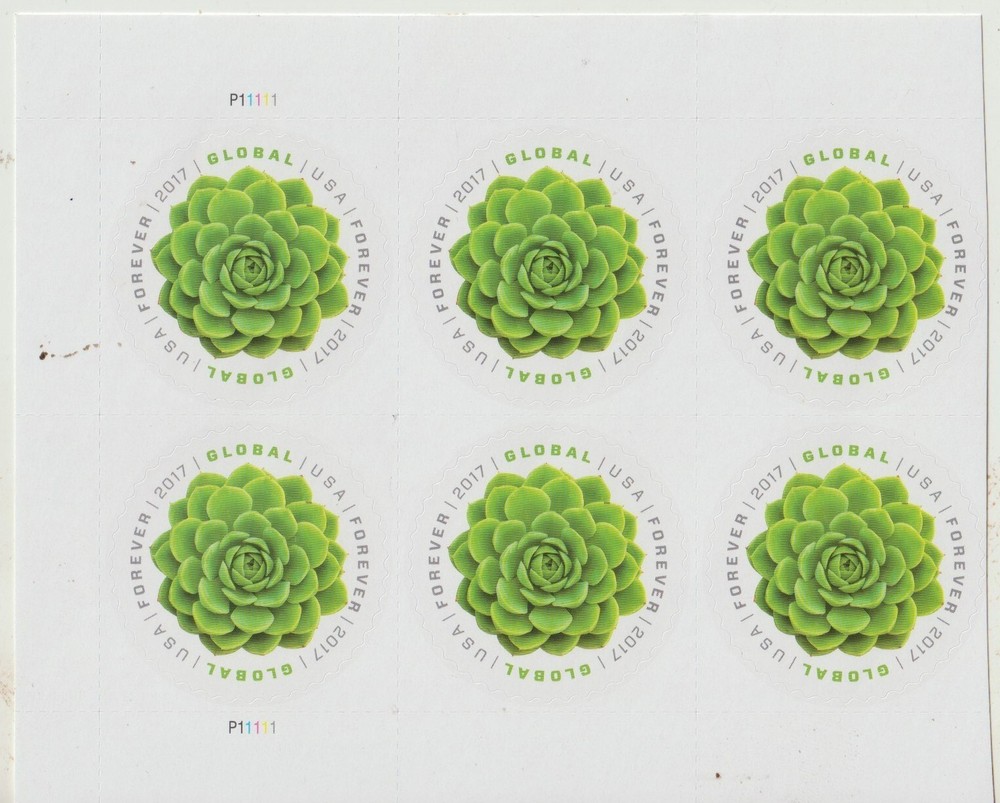 6 Global Green Succulent Forever Stamps 1 ounce global or $1.70 domestic postage
