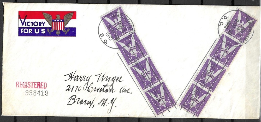 WW2 REGISTERED FDC 1942 WITH CINDERELLAS RARE DC UNIQUE PATROTIC VICTORY FOR US
