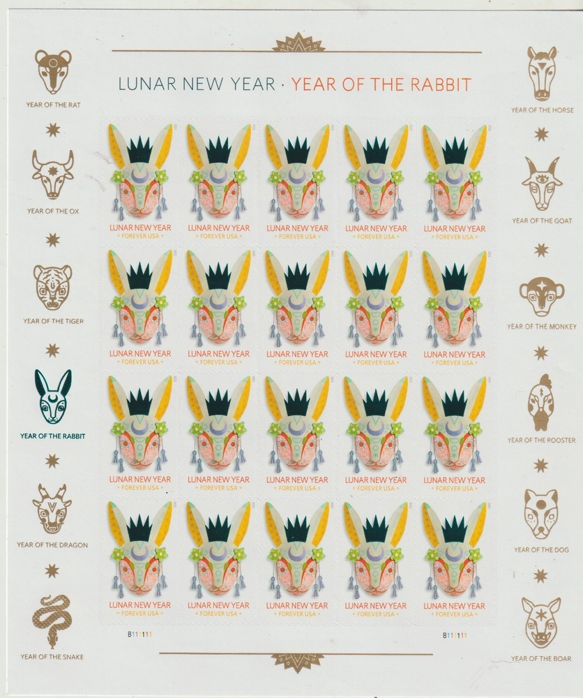 USPS SHEET OF 20 LUNAR NEW YEAR OF THE RABBIT STAMPS Sent from OKC, OK
