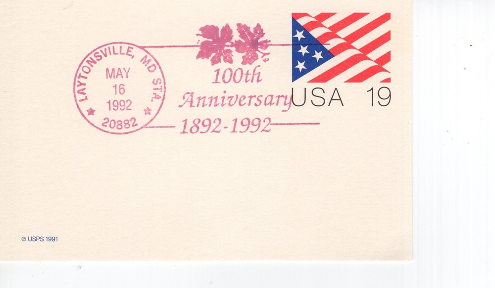 100TH ANNIVERSARY, LAYTONSVILLE, MD 1992 FDC19813