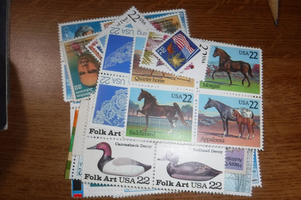 Lot of Unused 22 Cent Stamps, 50 Vintage Twenty-Two Cent U.S. Postage Stamps