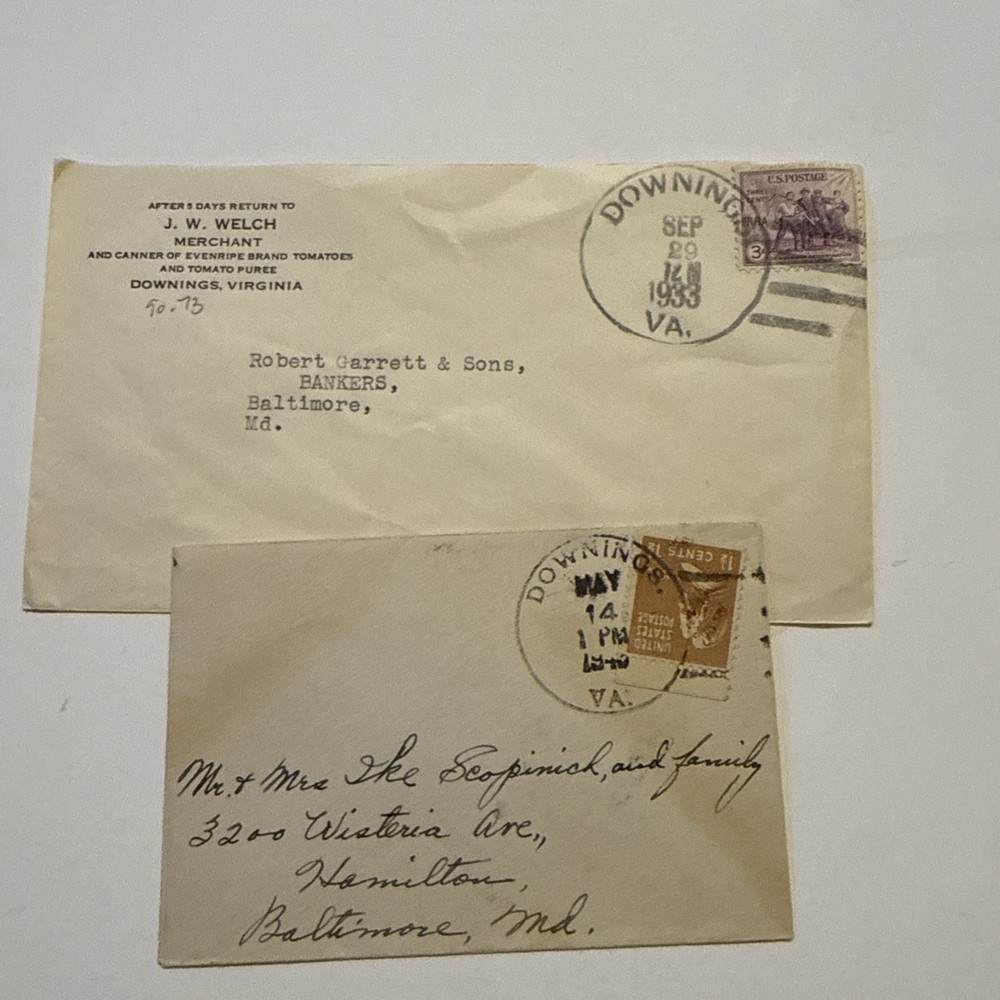 VIRGINIA-Downings, Richmond County (1890-1973) 1933 & 1945 Cancels