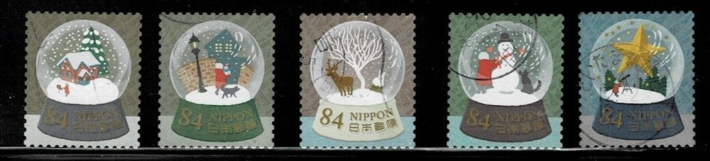 Japan 2022 Winter Greetings Snow Globes 84Y Complete Used Set Sc# 4631 a-e