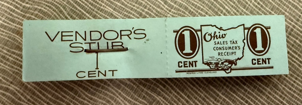 STATE OF OHIO PREPAID SALES TAX VENDOR’S STUB 1¢ STAMP BUNDLE Consumer’s Receipt
