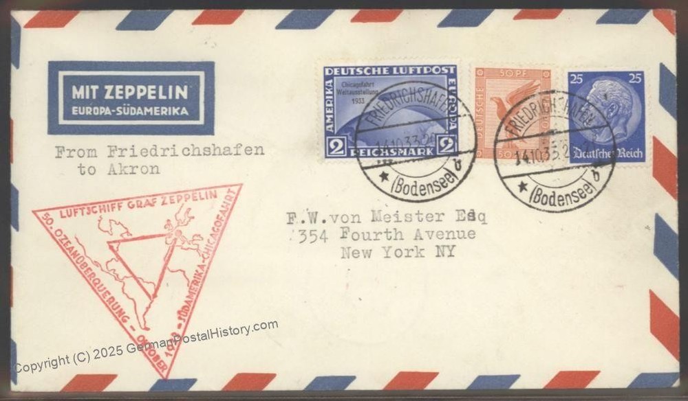 Germany 1933 Zeppelin Si238 2RM Chicago Century of Progress Akron Cover 103445