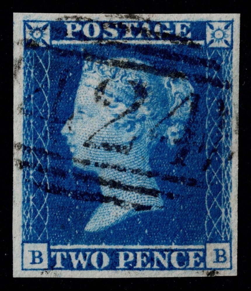 1841 2d Blue Plate 3 BB 4m superb used upright 424 of Knaresborough SG 14