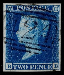 1841 2d Blue Plate 3 BB 4m superb used upright 424 of Knaresborough SG 14