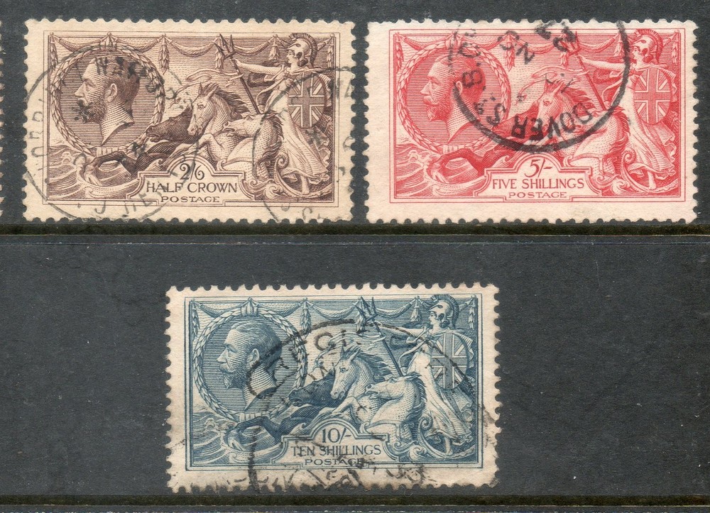 GB GV 1918 Set of 3 Seahorses 2/6 – 10/- SG415 – 417 Used cat £380 uk seller 14