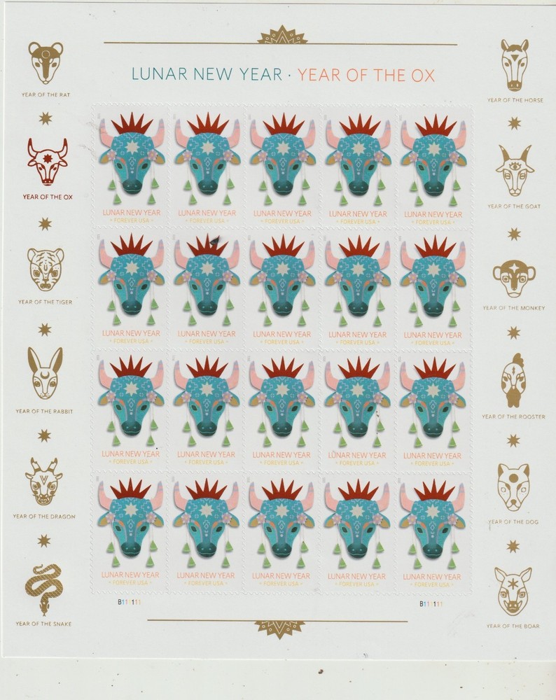 USPS Lunar New Year-Year of the Ox Sheet of 20 Peel and Stick stamps