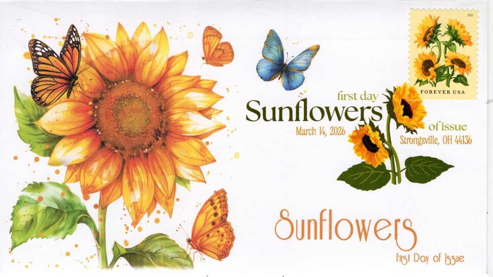 26-055, 2026, Sunflowers, First Day Cover, Digital Color Postmark, Strongsville