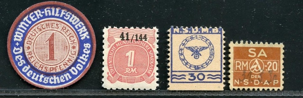 #9147 -WWII – 4 CONTRIBUTION STAMPS (1939-1944) -extensive description inside