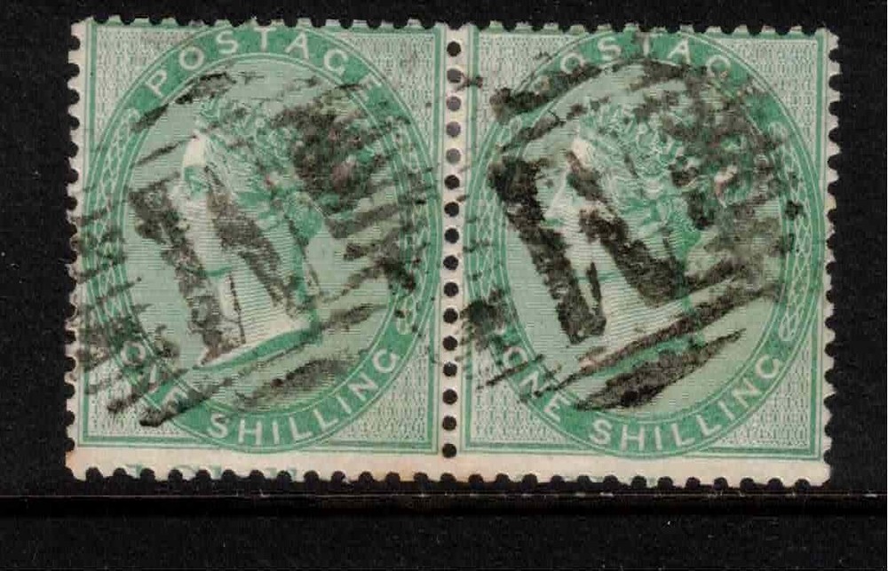 Malta 1856 QV SG72a GB Used Abroad Z22a “M” 1/- green thick paper Wmk Emble Pair