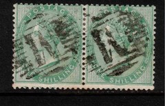 Malta 1856 QV SG72a GB Used Abroad Z22a “M” 1/- green thick paper Wmk Emble Pair