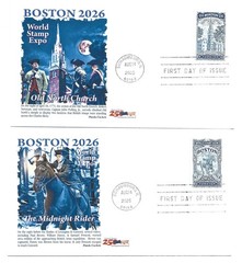 6029-30 Boston 2026 Two Old North Church Midnight Rider Panda FDCs